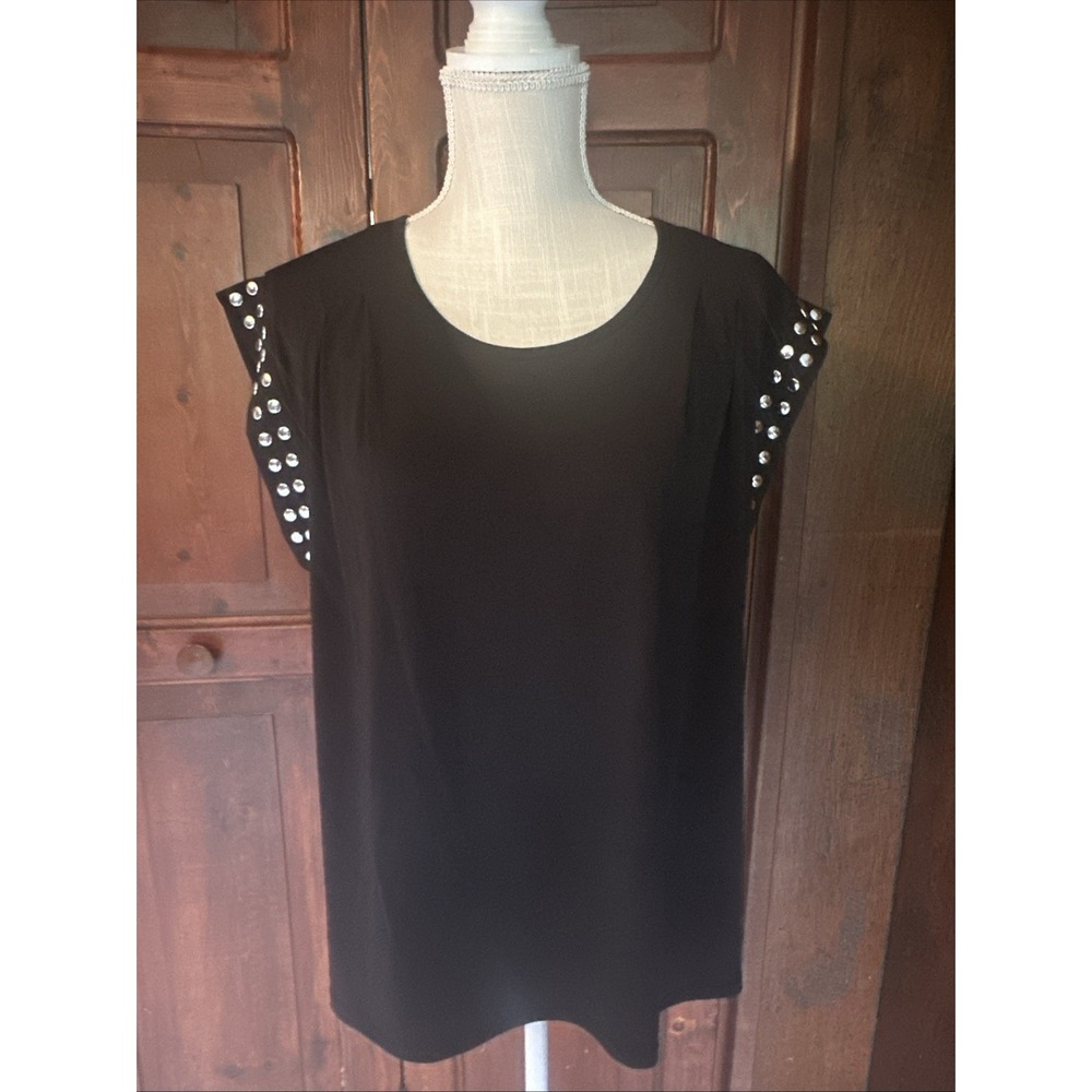 Womens MICKAEL KORS  SLEEVELESS XL Black DRESSY TOP Silver METALLIC BEADS Studs